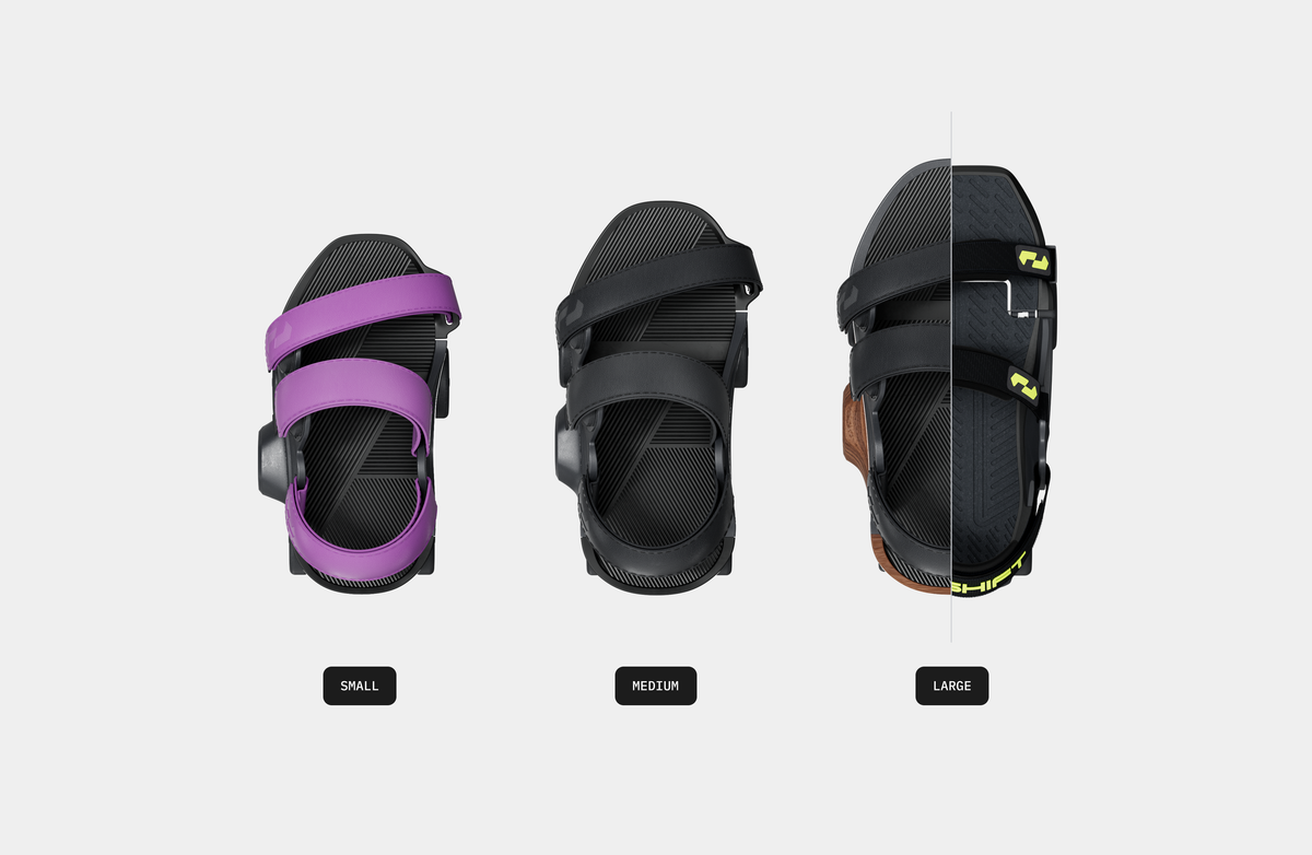 Moonwalkers Dusk in 3 sizes from above: Small in Heliotrope, Medium in Obsidian, and Large split against Aero