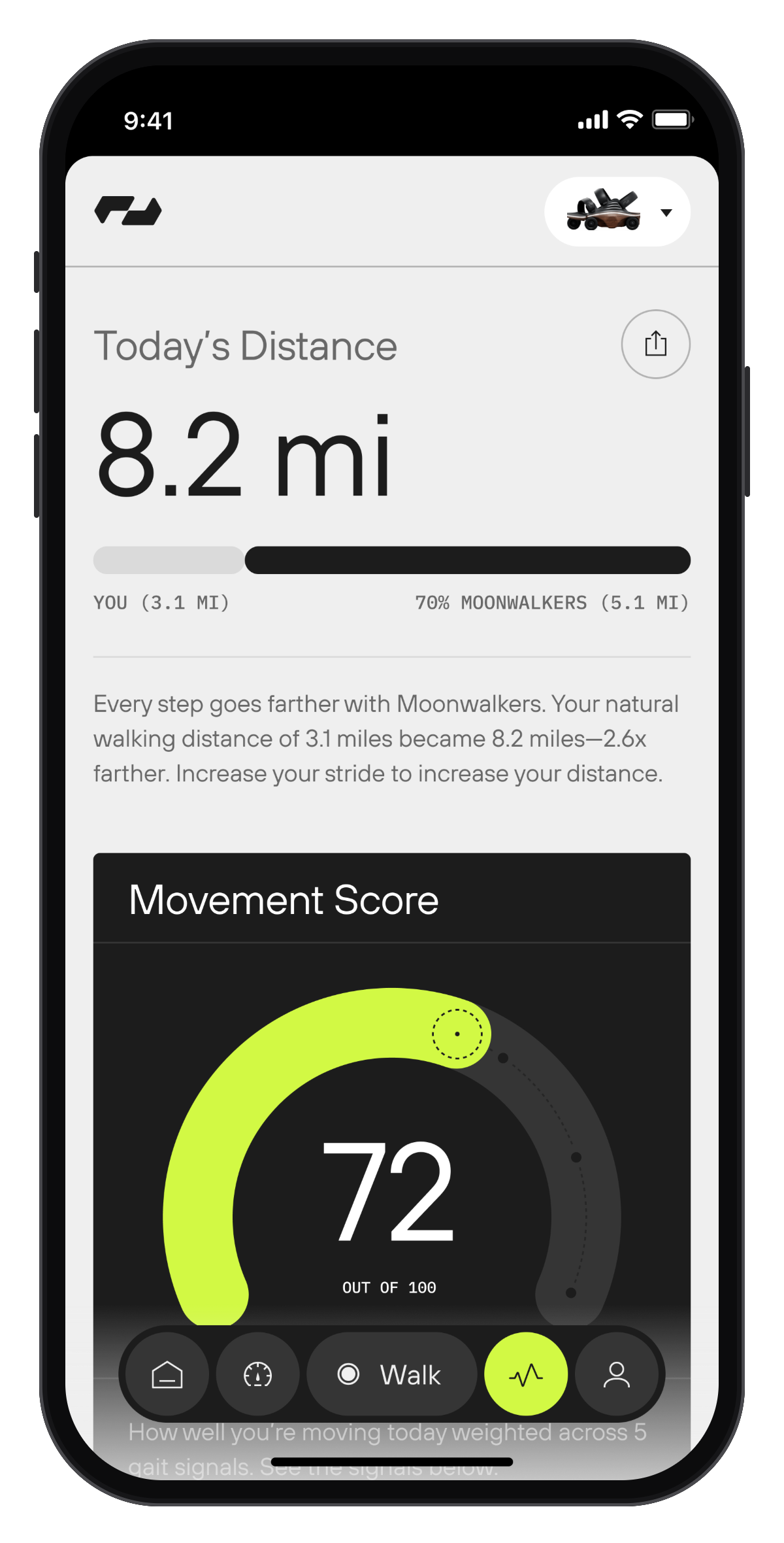 Shift app on iPhone, showing today’s distance and Movement Score